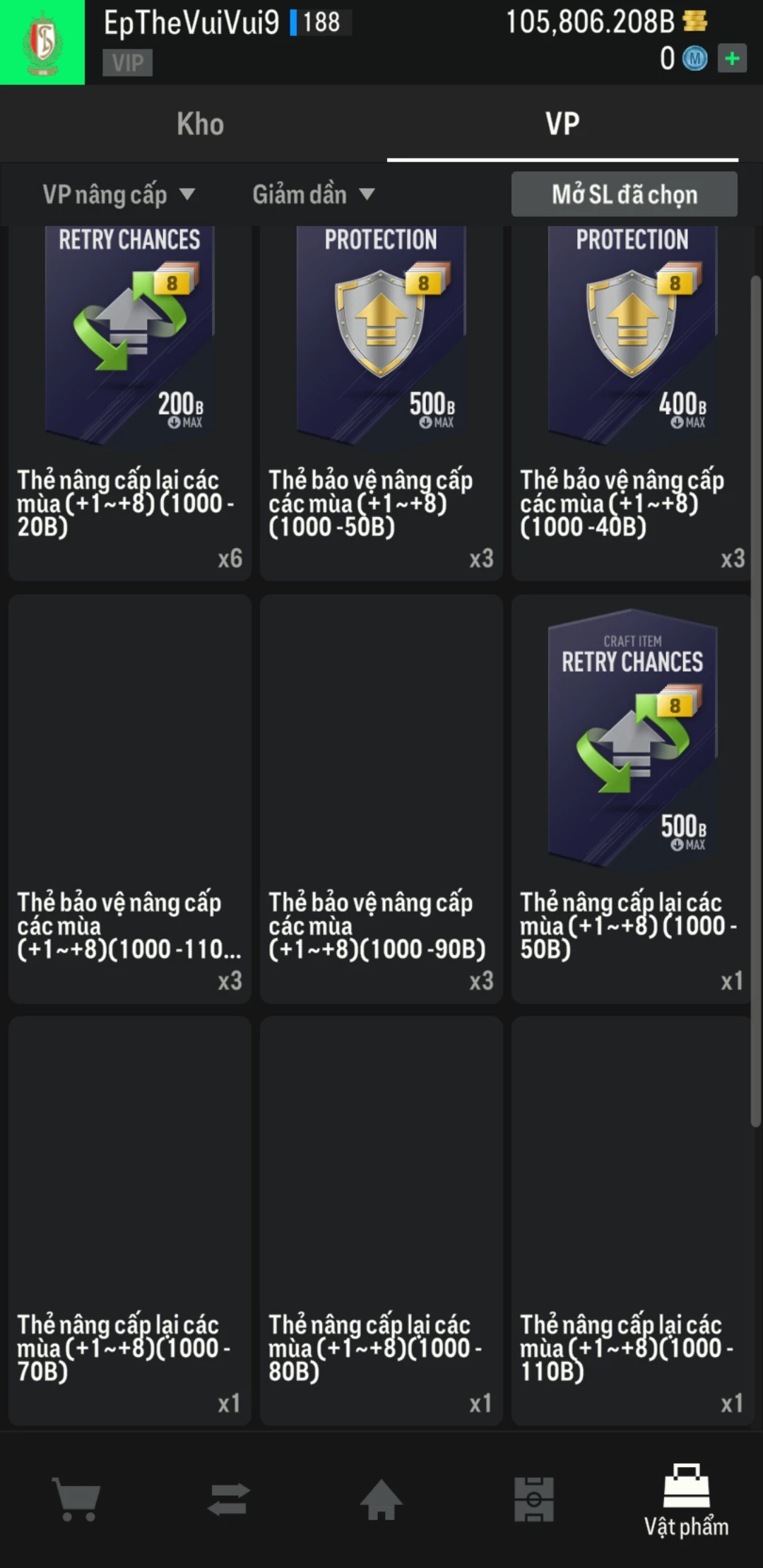 Ảnh ACC mở thẻ (LOẠI SVIP PROMAX) bao gồm có 01 thẻ +12, 03 thẻ PRIME (QH+, CP+, XS+) và hơn 1500+ đến 1600+ thẻ cầu thủ từ Siêu sao đến Miền núi các loại. Acc có sẵn BP trắng từ 90.000 tỷ BP đến 110.000 tỷ BP kèm theo nhiều ngày SVIP